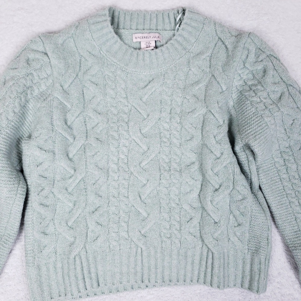 Sincerely Jules Mint Green Cable Knit Crew Neck Sweater Womens Medium Cropped - Picture 2 of 8